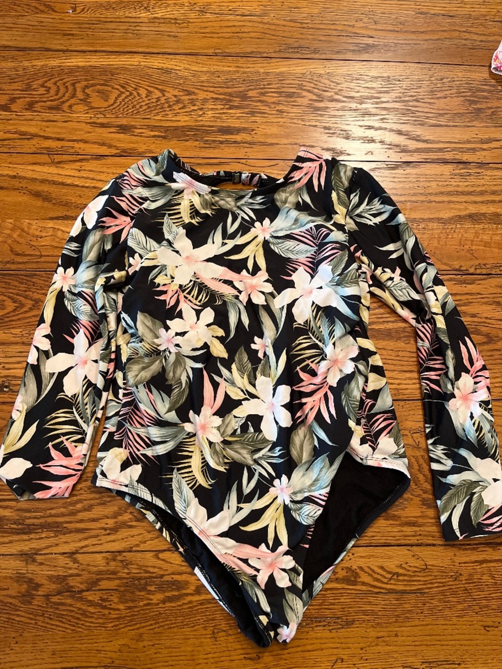 Kona Sol Black Floral Long-Sleeve One-Piece Swimsuit